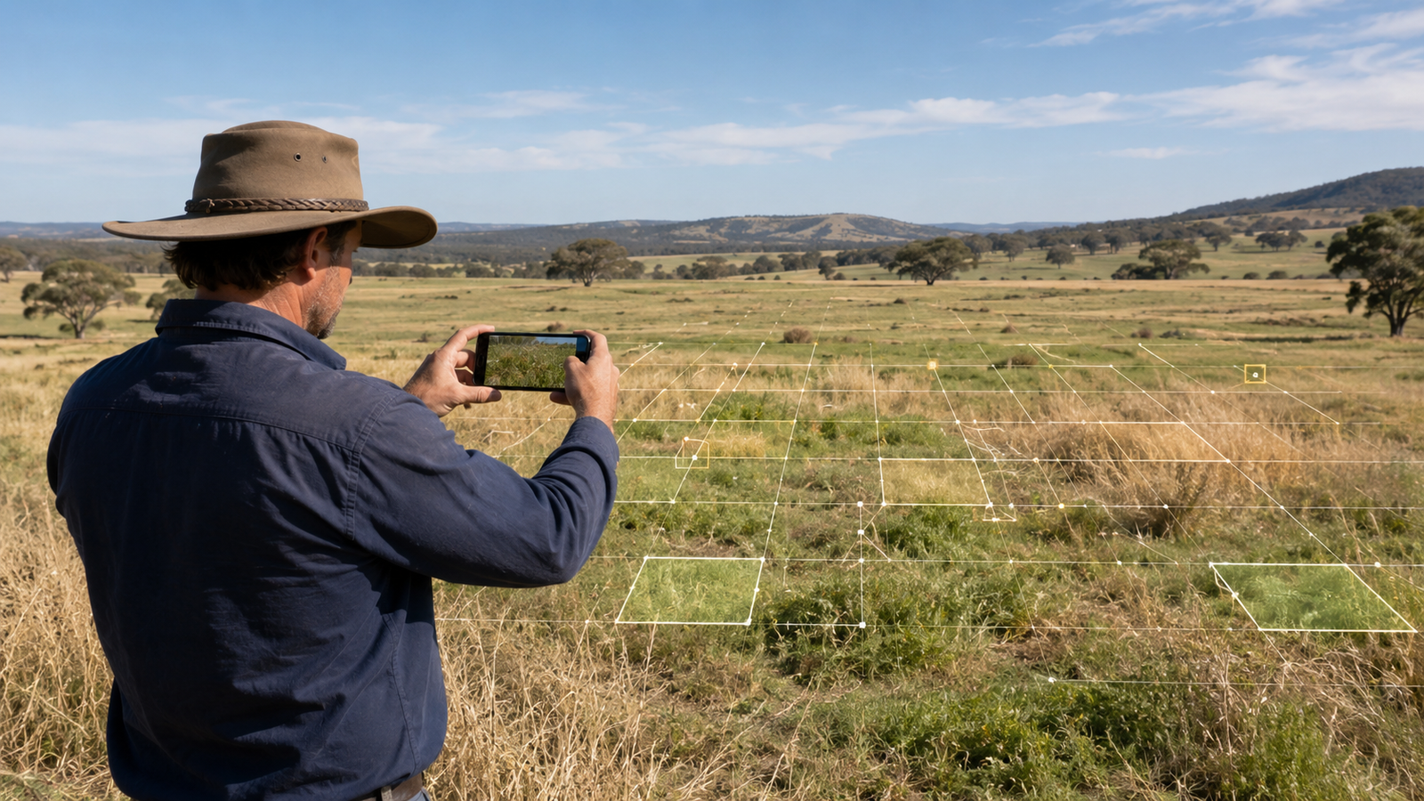 Field worker using AI-assisted pasture assessment